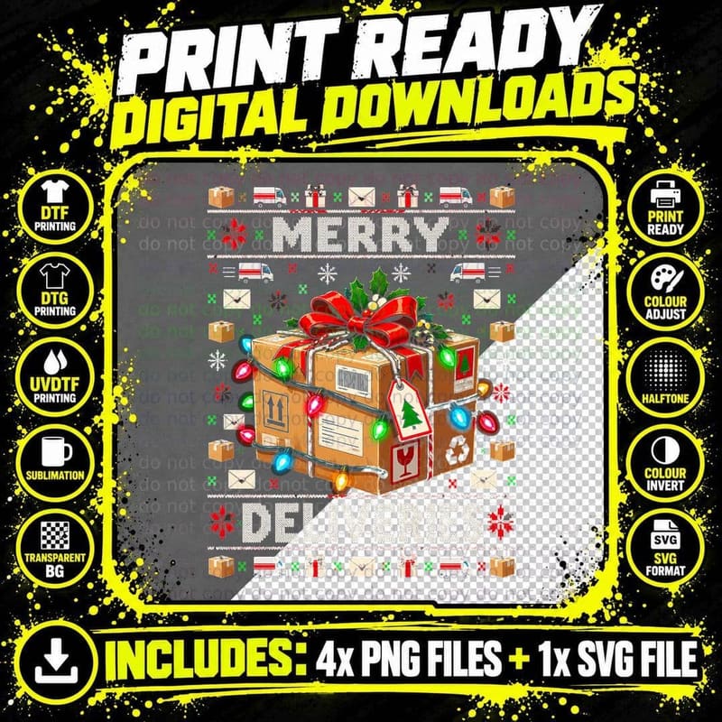 Merry Deliveries Courier Driver Parcel Christmas Ugly Png SVG Digital Bundle