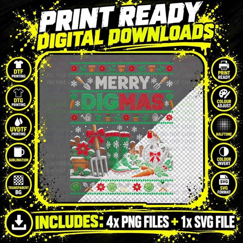 Merry Digmas Gardener Wellies Fork Robin Christmas Png SVG Digital Bundle