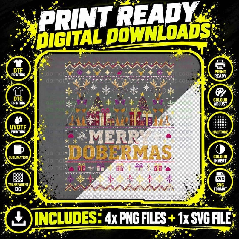 Merry Dobermas Dobermann Reindeer Antlers Bow Ties Png SVG Digital Bundle