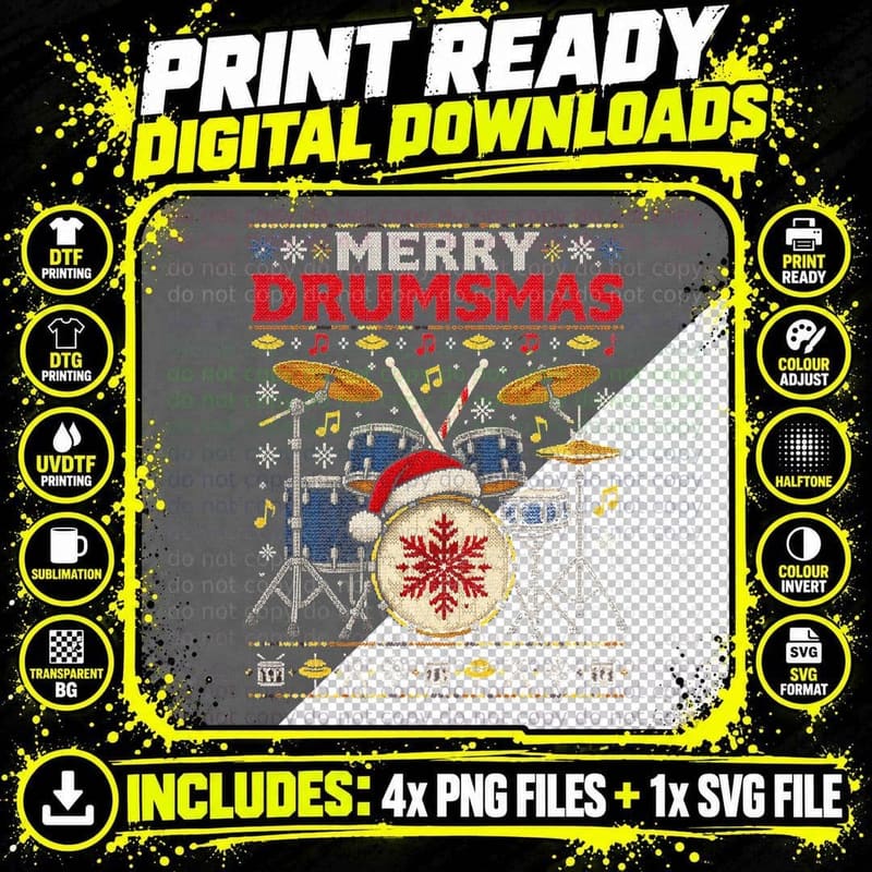 Merry Drumsmas Drum Kit Santa Hat Drummer Christmas Png SVG Digital Bundle
