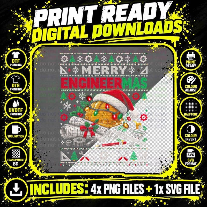 Merry Engineermas Hard Hat Blueprints Engineer Xmas Png SVG Digital Bundle