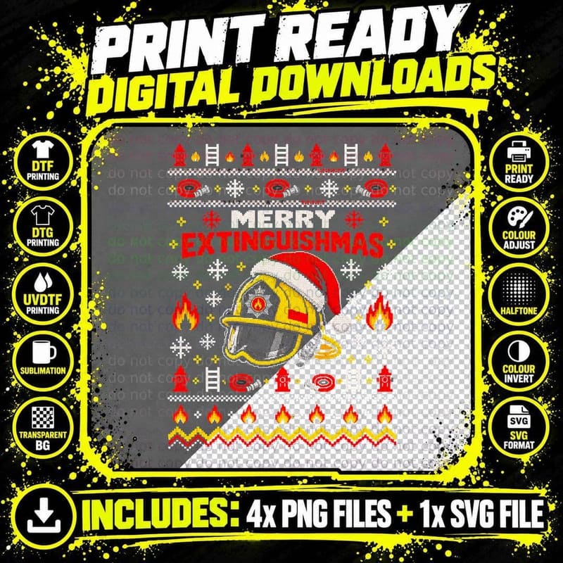 Merry Extinguishmas Firefighter Helmet Santa Hat Xmas Png SVG Digital Bundle