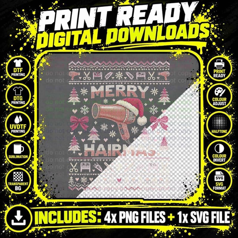 Merry Hairmas Hairdresser Pink Hairdryer Ugly Xmas Png SVG Digital Bundle