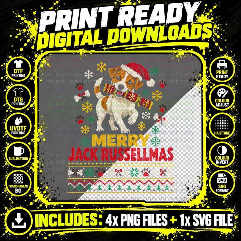 Merry Jack Russellmas Terrier Carrying Cracker Santa Hat Png SVG Digital Bundle