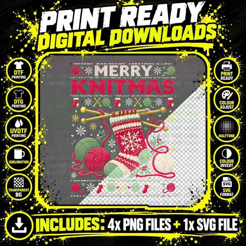 Merry Knitmas Knitting Needles Yarn Knitter Christmas Png SVG Digital Bundle