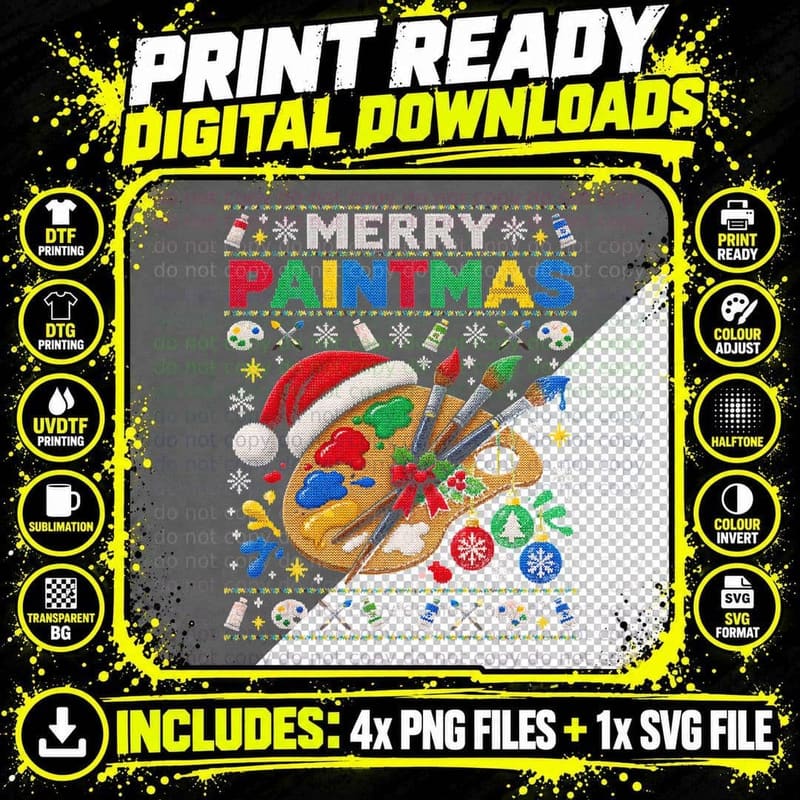 Merry Paintmas Artist Palette Brushes Painter Christmas Png SVG Digital Bundle