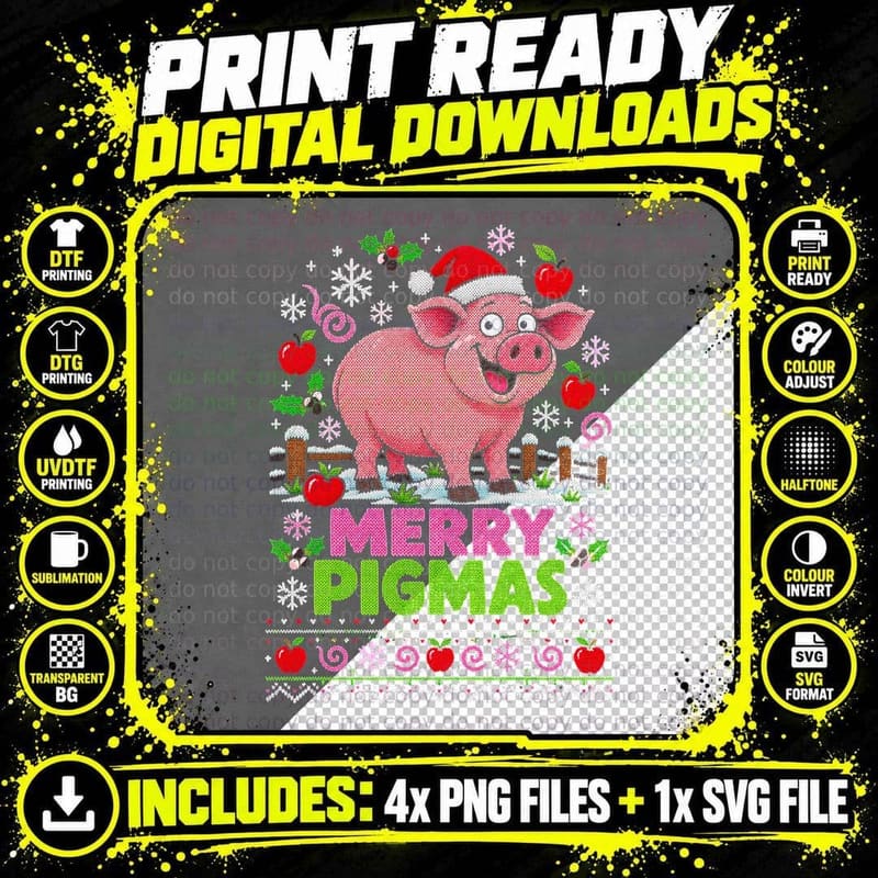 Merry Pigmas Pink Pig Santa Hat Funny Farm Ugly Xmas Png SVG Digital Bundle