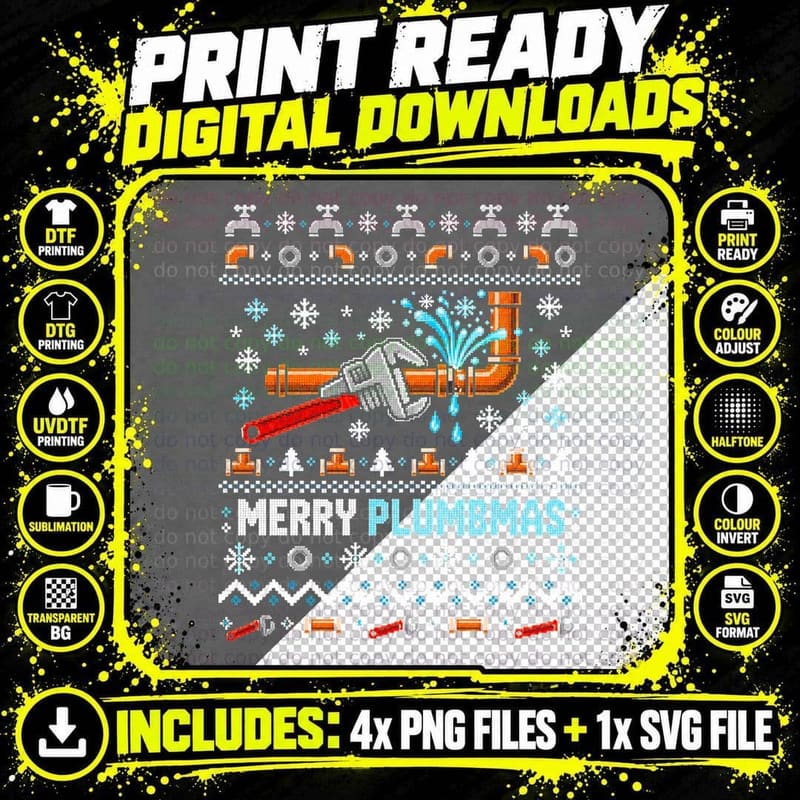 Merry Plumbmas Plumber Burst Pipe Wrench Christmas Ugly Png SVG Digital Bundle