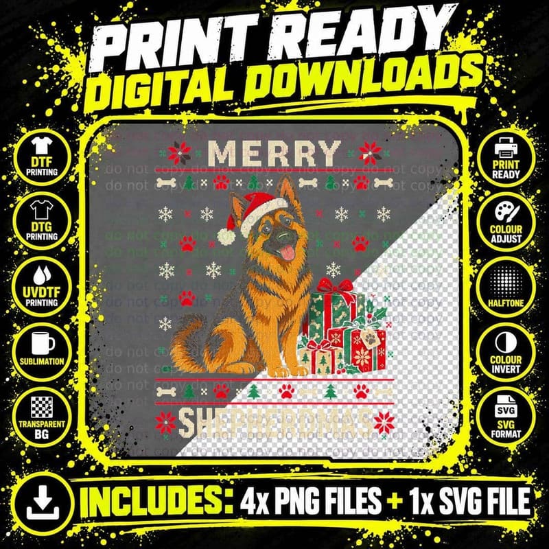 Merry Shepherdmas German Shepherd Dog Presents Xmas Png SVG Digital Bundle