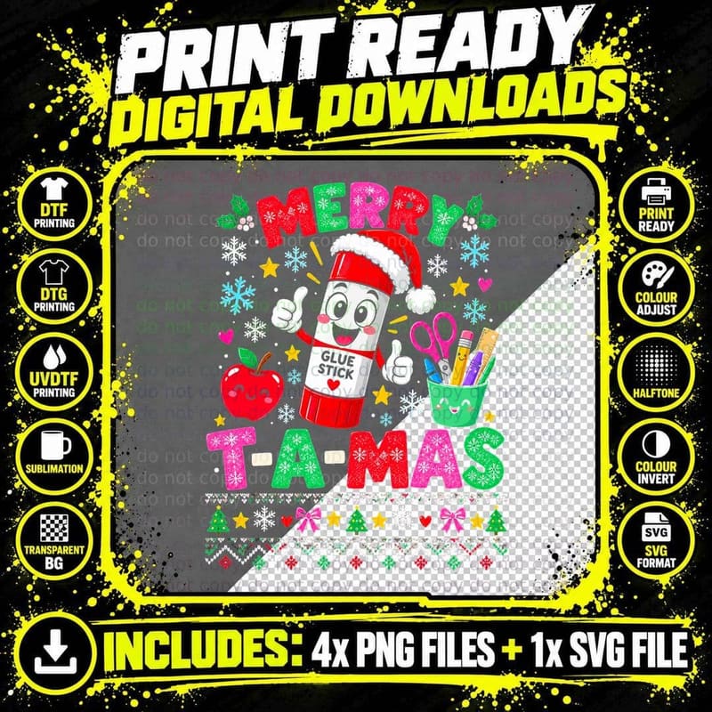 Merry T-A-Mas Teaching Assistant Glue Stick Santa Hat Png SVG Digital Bundle