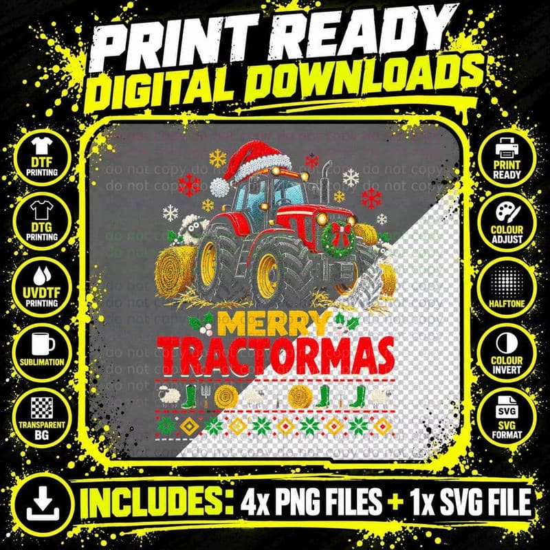 Merry Tractormas Farmer Red Tractor Hay Bales Xmas Png SVG Digital Bundle