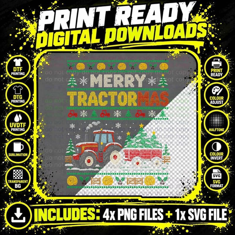 Merry Tractormas Red Tractor Farmer Ugly Christmas Png SVG Digital Bundle