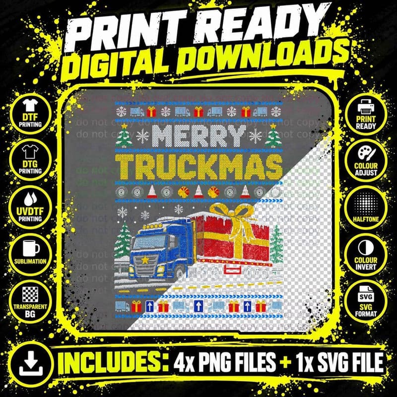 Merry Truckmas Blue Lorry Present Trailer Trucker Xmas Png SVG Digital Bundle