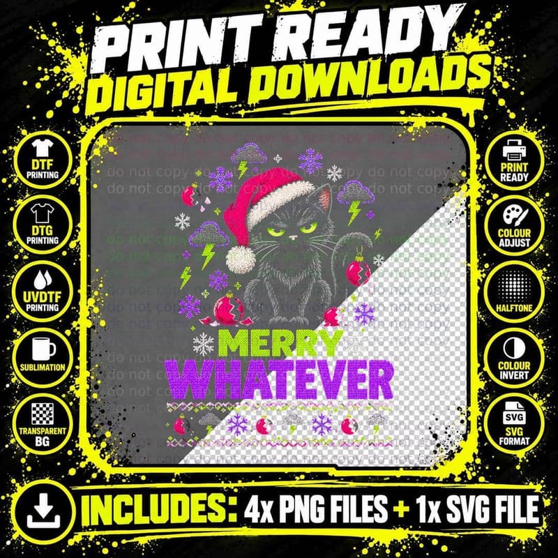 Merry Whatever Moody Black Cat Funny Anti Christmas Png SVG Digital Bundle