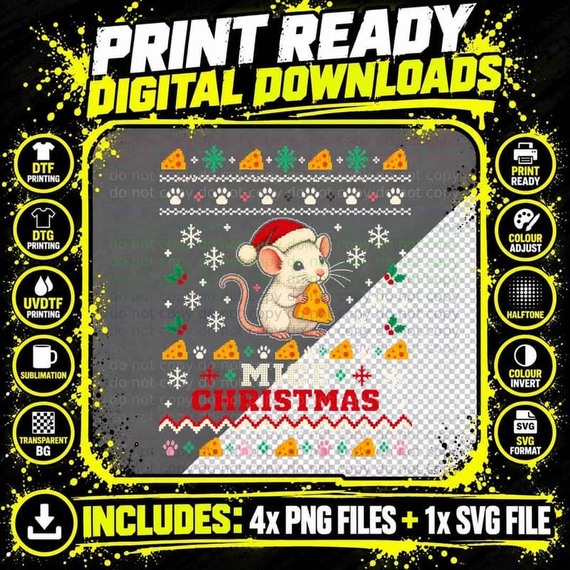 Mice Christmas White Mouse Holding Cheese Ugly Xmas Png SVG Digital Bundle
