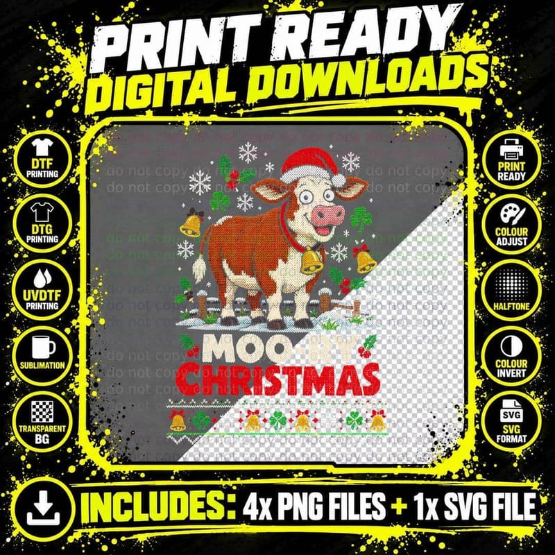 Moo-ry Christmas Hereford Cow Santa Hat Funny Ugly Png SVG Digital Bundle