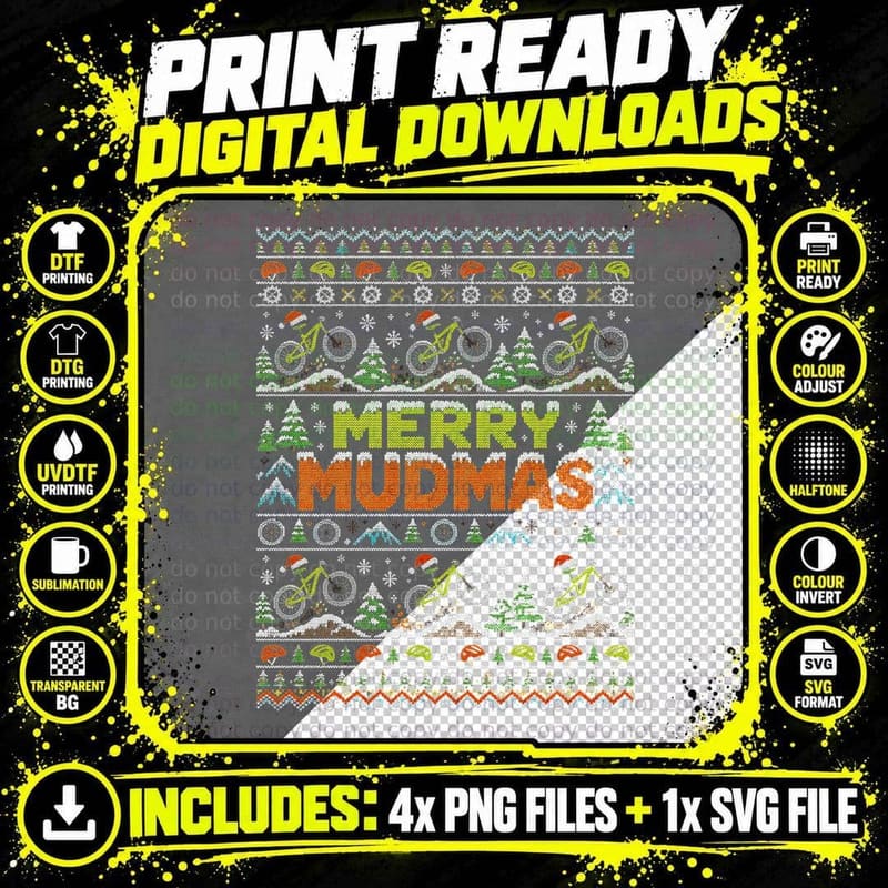 Mountain Bike Merry Mudmas Ugly Christmas Sweater Png SVG Digital Bundle