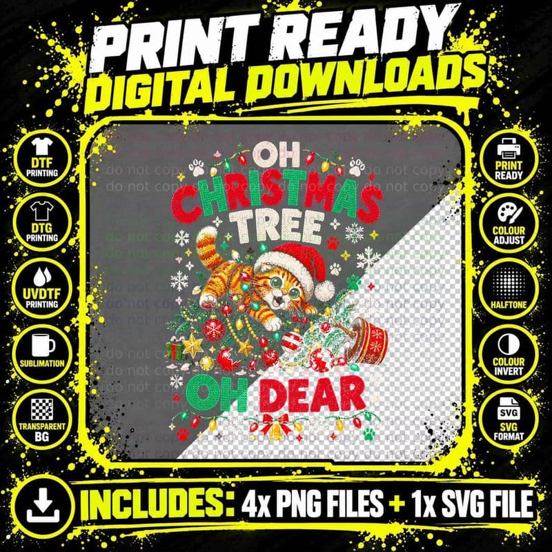 Oh Christmas Tree Oh Dear Ginger Kitten Funny Cat Png SVG Digital Bundle