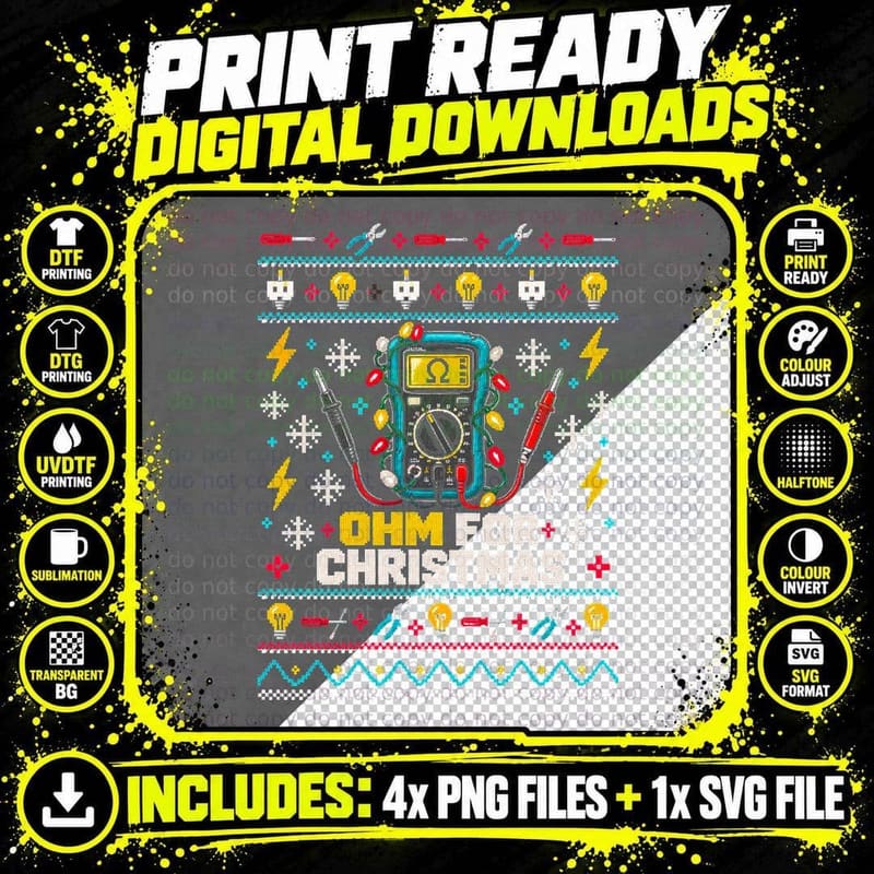 Ohm For Christmas Electrician Multimeter Ugly Xmas Png SVG Digital Bundle