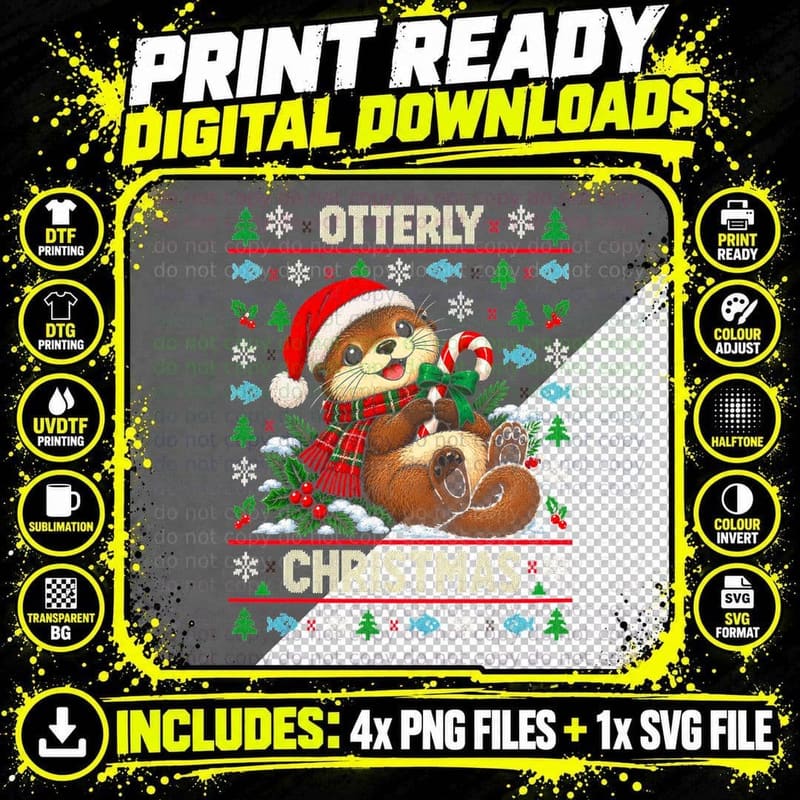Otterly Christmas Cute Otter Candy Cane Scarf Ugly Png SVG Digital Bundle