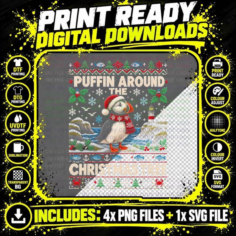 Puffin Around The Christmas Tree Seabird Santa Hat Png SVG Digital Bundle