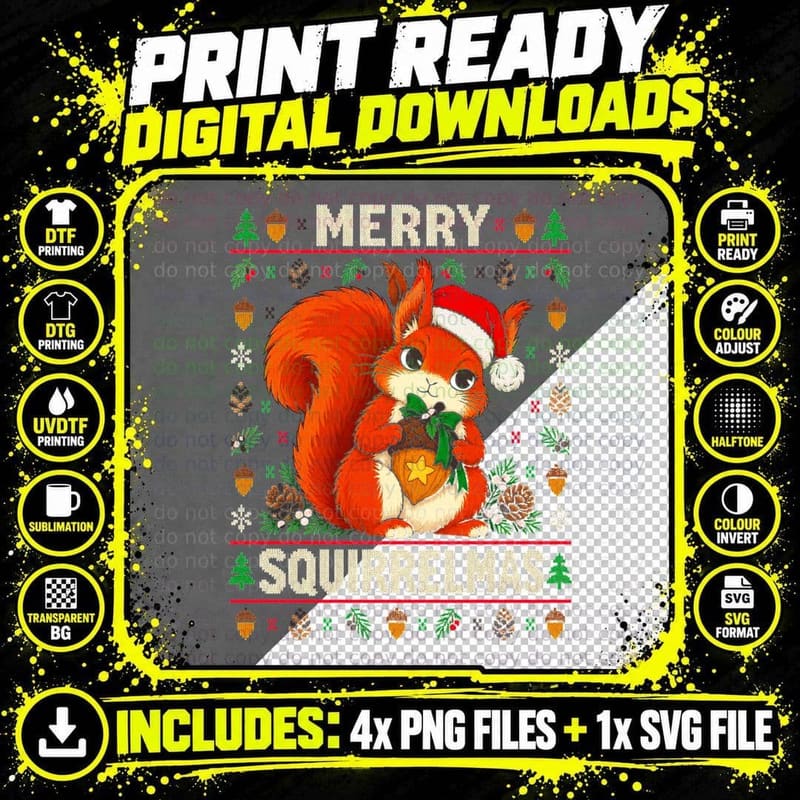 Red Squirrel Merry Squirrelmas Acorn Ugly Christmas Png SVG Digital Bundle