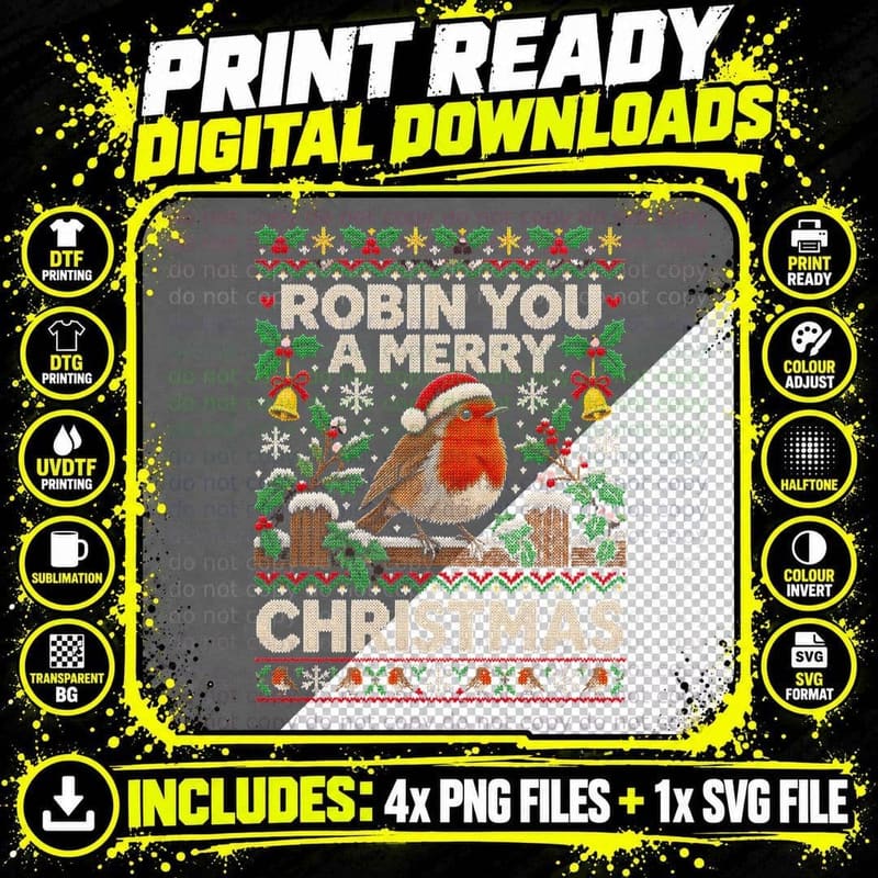 Robin You a Merry Christmas Redbreast On Fence Ugly Png SVG Digital Bundle