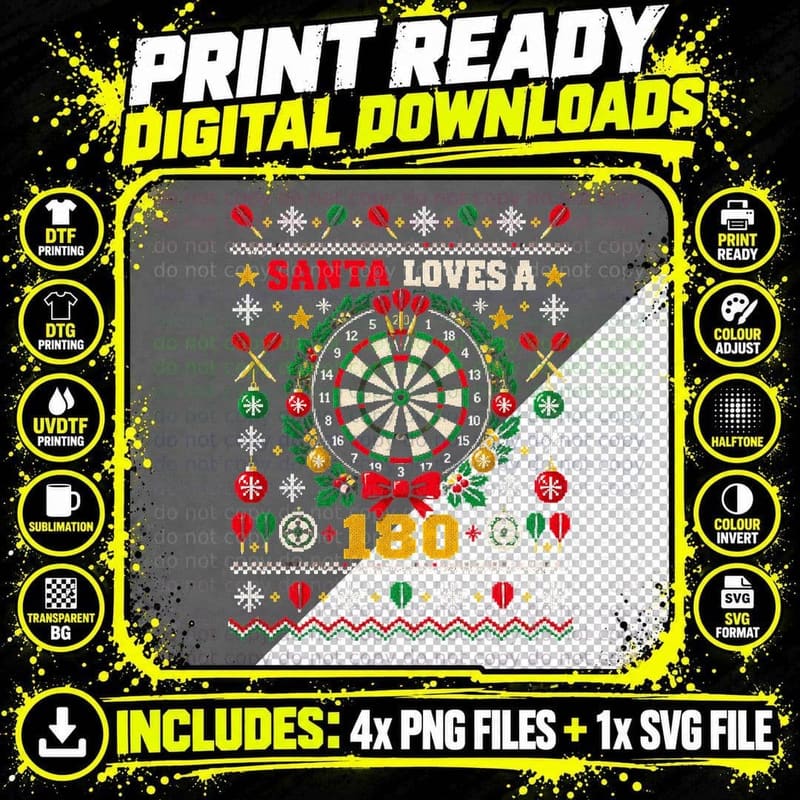 Santa Loves a 180 Dartboard Darts Player Christmas Png SVG Digital Bundle