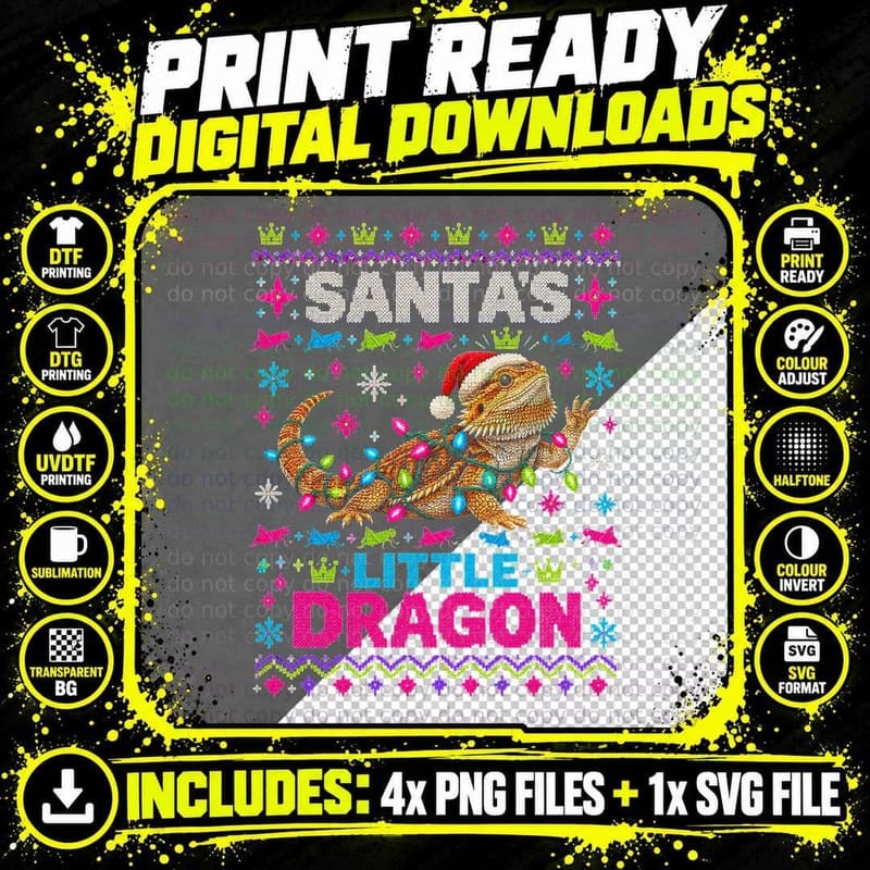 Santa's Little Dragon Bearded Lizard In Lights Xmas Png SVG Digital Bundle