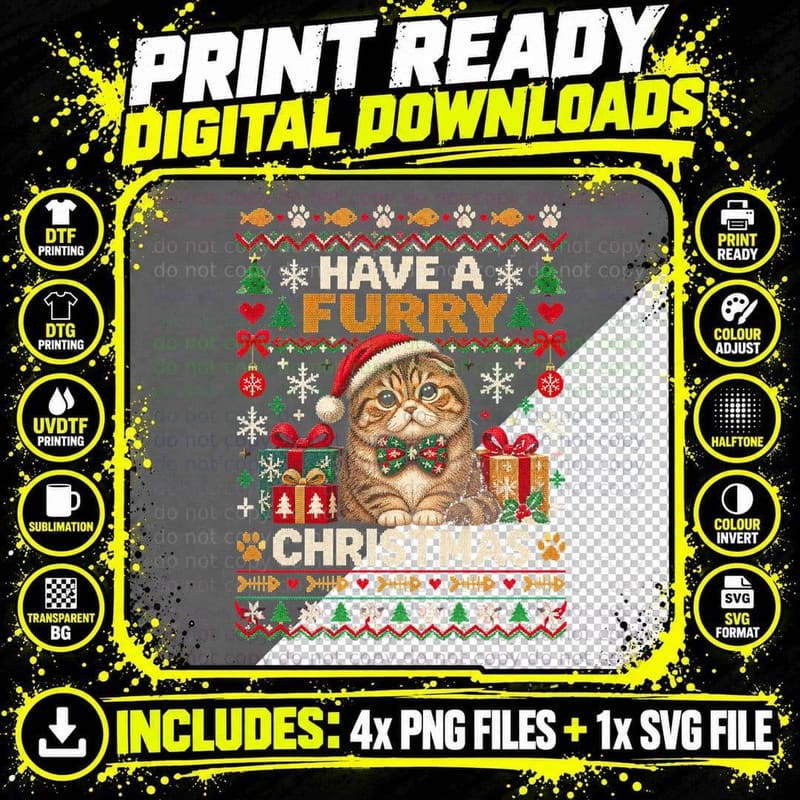 Scottish Fold Cat Have a Furry Christmas Ugly Sweater Png SVG Digital Bundle