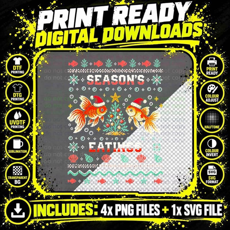 Season's Eatings Two Goldfish Santa Hats Funny Christmas Png SVG Digital Bundle