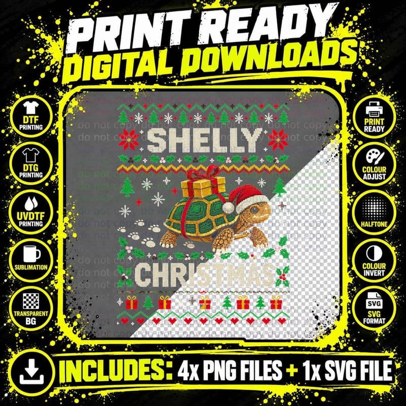 Shelly Christmas Tortoise Present On Shell Poinsettia Png SVG Digital Bundle