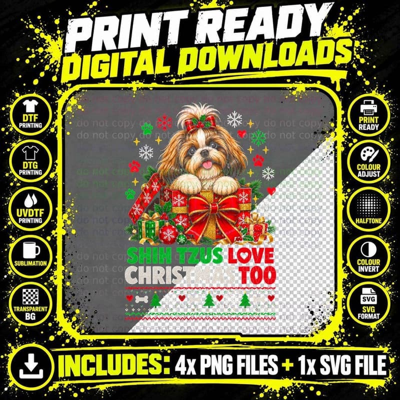Shih Tzus Love Christmas Too Puppy In Present Box Dog Png SVG Digital Bundle