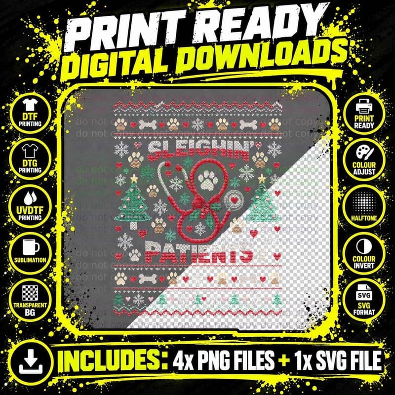 Sleighin' Patients Vet Stethoscope Paw Print Xmas Jumper Png SVG Digital Bundle