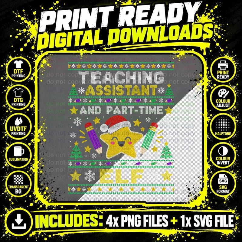 Teaching Assistant And Part-Time Elf Gold Star Xmas Png SVG Digital Bundle