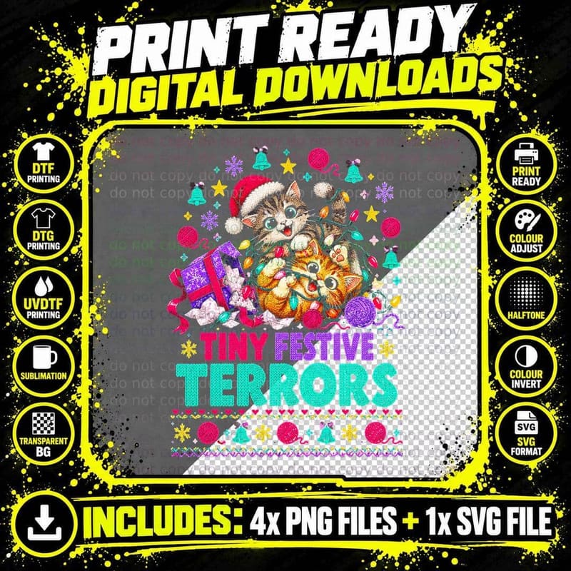Tiny Festive Terrors Two Kittens In Lights Christmas Png SVG Digital Bundle