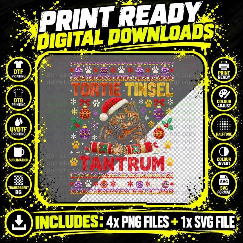 Tortie Tinsel Tantrum Tortoiseshell Cat Cracker Xmas Png SVG Digital Bundle