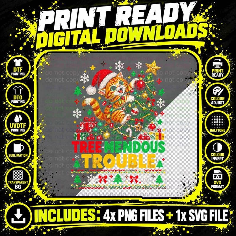 Tree-mendous Trouble Ginger Kitten Christmas Tree Cat Png SVG Digital Bundle