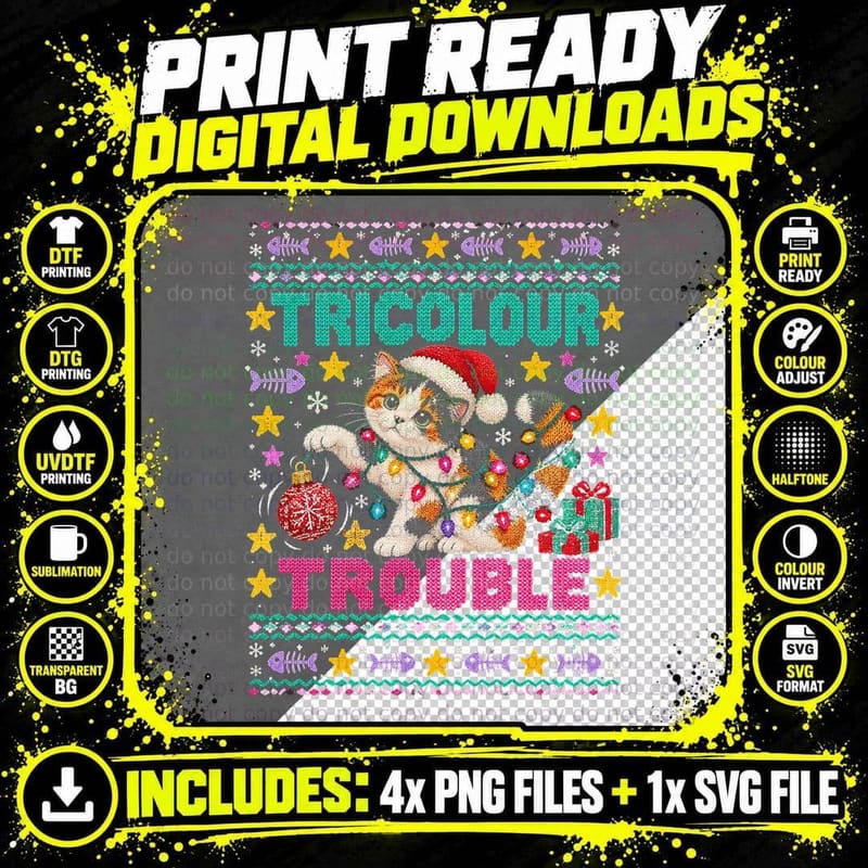 Tricolour Trouble Calico Kitten Fairy Lights Christmas Png SVG Digital Bundle