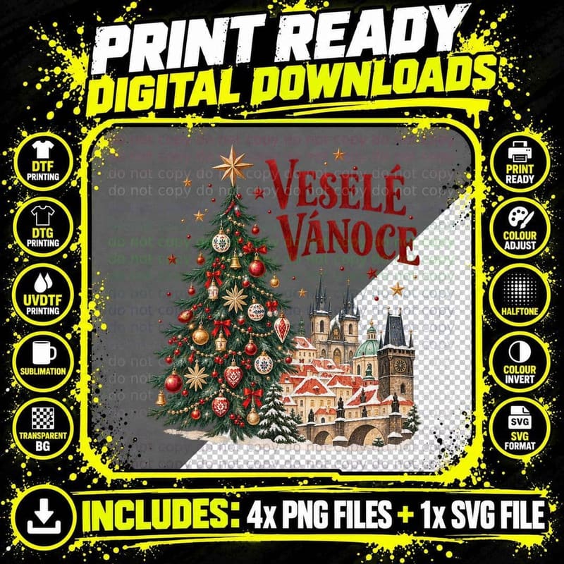 Vesele Vanoce Czech Christmas Tree Prague Old Town Png SVG Digital Bundle