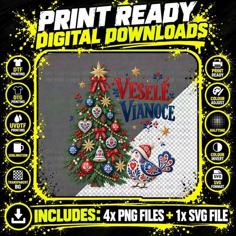 Vesele Vianoce Slovak Folk Bird Christmas Tree Png SVG Digital Bundle