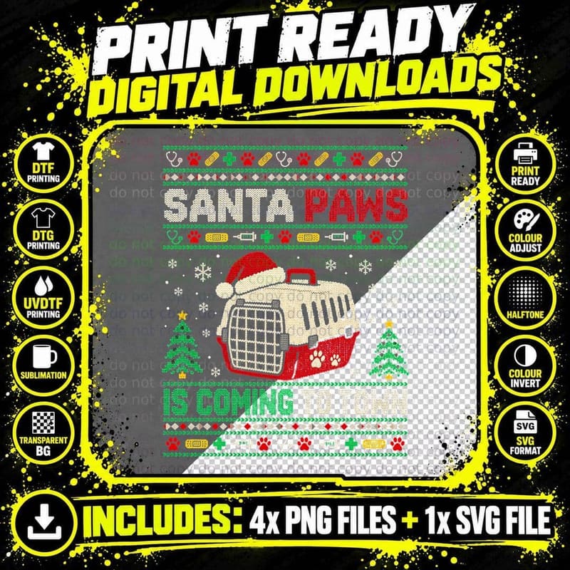 Vet Nurse Pet Carrier Santa Hat Paw Prints Ugly Xmas Png SVG Digital Bundle