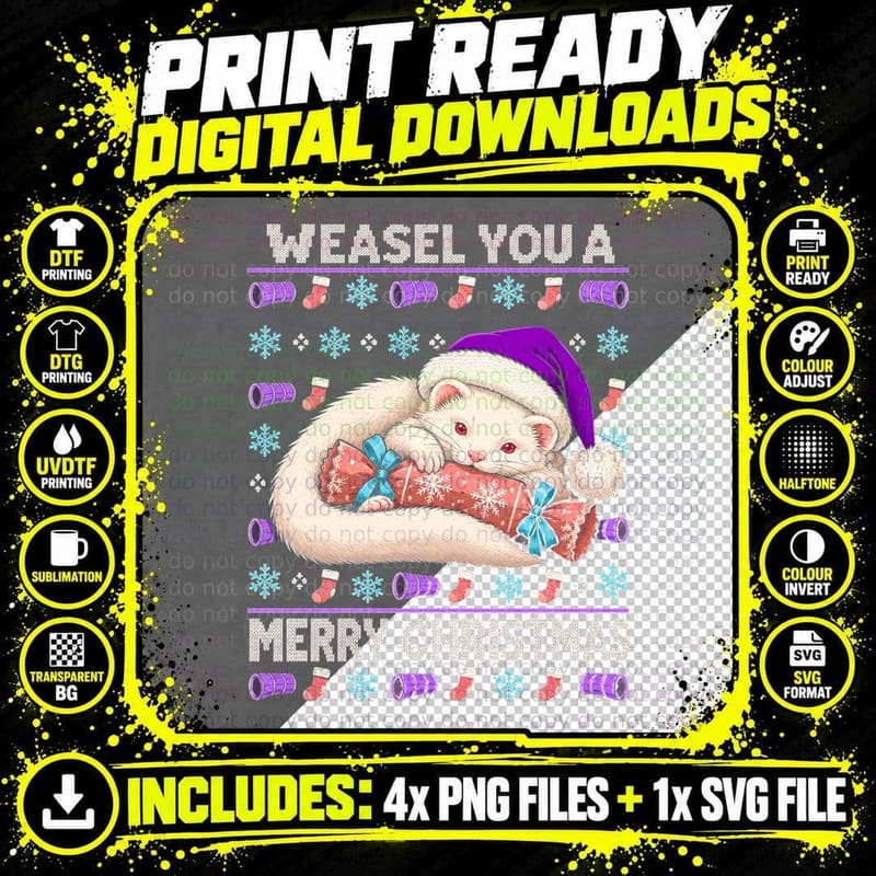 Weasel You a Merry Christmas Albino Ferret Cracker Png SVG Digital Bundle