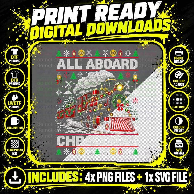 All Aboard Christmas Steam Train Ugly Sweater Locomotive Png SVG Digital Bundle