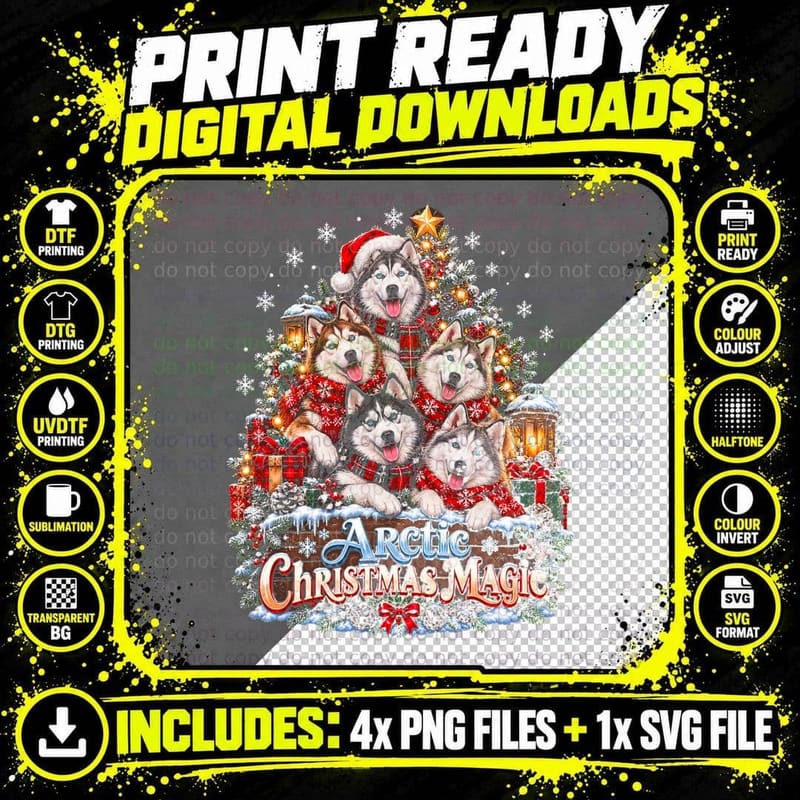 Arctic Christmas Magic Siberian Husky Tree Made Of Dogs Png SVG Digital Bundle