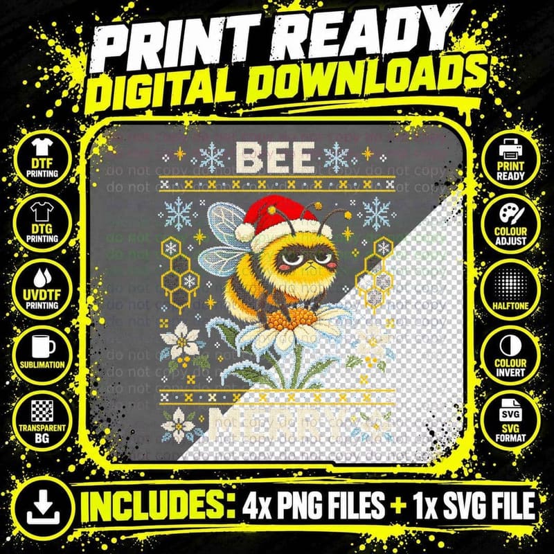 Bee Merry Grumpy Bumblebee Christmas Ugly Sweater Xmas Png SVG Digital Bundle