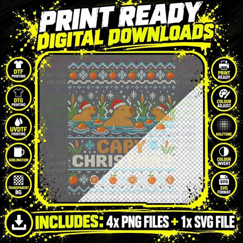Capy Christmas Capybara Ugly Sweater Santa Hat Xmas Png SVG Digital Bundle