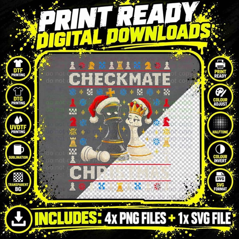 Checkmate Christmas Chess Player Ugly Sweater King Queen Png SVG Digital Bundle