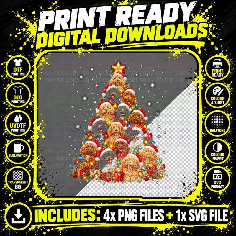 Cockapoo Christmas Tree Made Of Curly Dogs Santa Hats Png SVG Digital Bundle