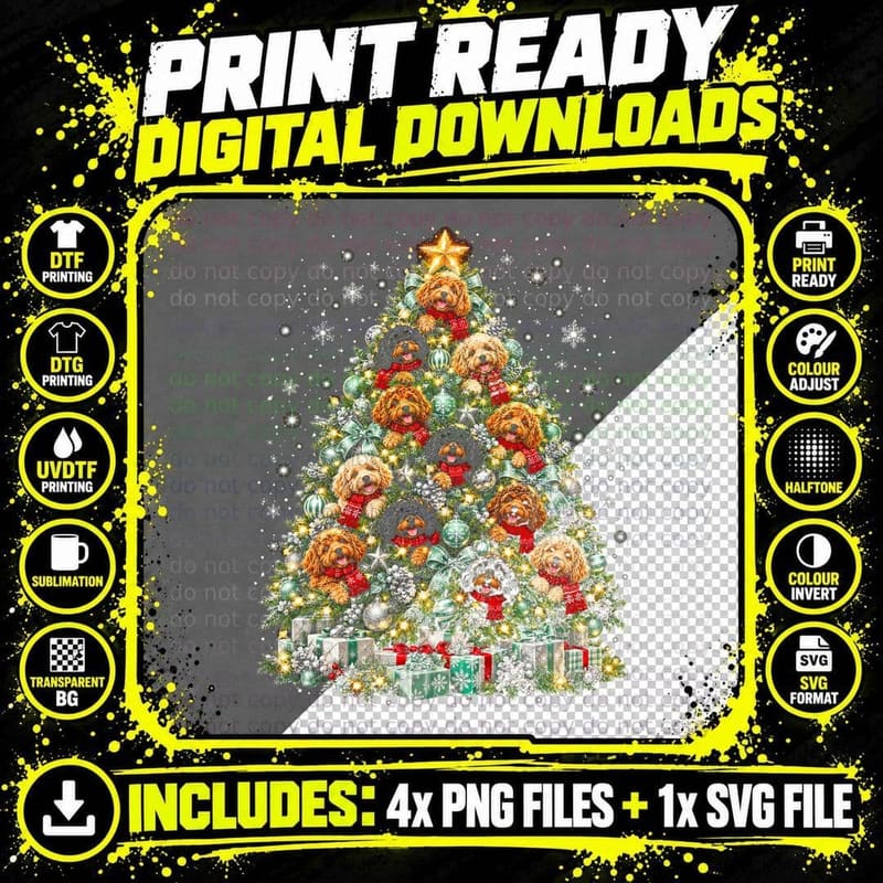 Cockapoo Christmas Tree Made Of Dogs Green Silver Png SVG Digital Bundle